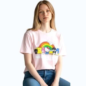 Hello Kitty Friends Sanrio Pink Graphic T Shirt Women's L Rainbow 100% Cotton